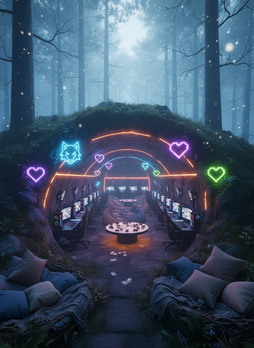 A stylized gaming den built into the side of a misty forest hill, where the “den” entrance glows with soft neon blues, purples, and greens shaped like wolf-pack logos and pixel hearts. Inside the tunnel, rows of high-end PCs, cozy beanbag nests, and a central circular table with dice, cards, and controllers are visible, all without any characters. Warm ambient LED strips trace the contours of the rock walls, contrasting with the cool forest moonlight outside. Photographic realism with a slightly cinematic, wide-angle composition, eye-level view, and gentle depth of field that keeps the den crisp while the surrounding trees blur into dreamy bokeh, creating a welcoming, playful, inclusive atmosphere.