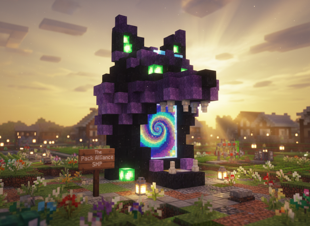 A cinematic close-up of a custom-built Minecraft SMP portal monument shaped like an abstract wolf’s head made of shimmering amethyst, deep obsidian, and glowing emerald blocks. The portal’s interior shimmers with swirling aurora colors, casting soft light onto the surrounding detailed terrain of flowers, lanterns, and a sign that reads “The Pack Alliance SMP” in blocky lettering. The sky is frozen at a golden-hour sunset, with rays of light streaking across pixelated clouds. Photographic realism with an ultra-detailed, macro-like focus on the portal and a subtle depth of field that lets the distant village, farms, and tiny redstone contraptions blur, evoking a sense of adventure, collaboration, and 24/7 activity.