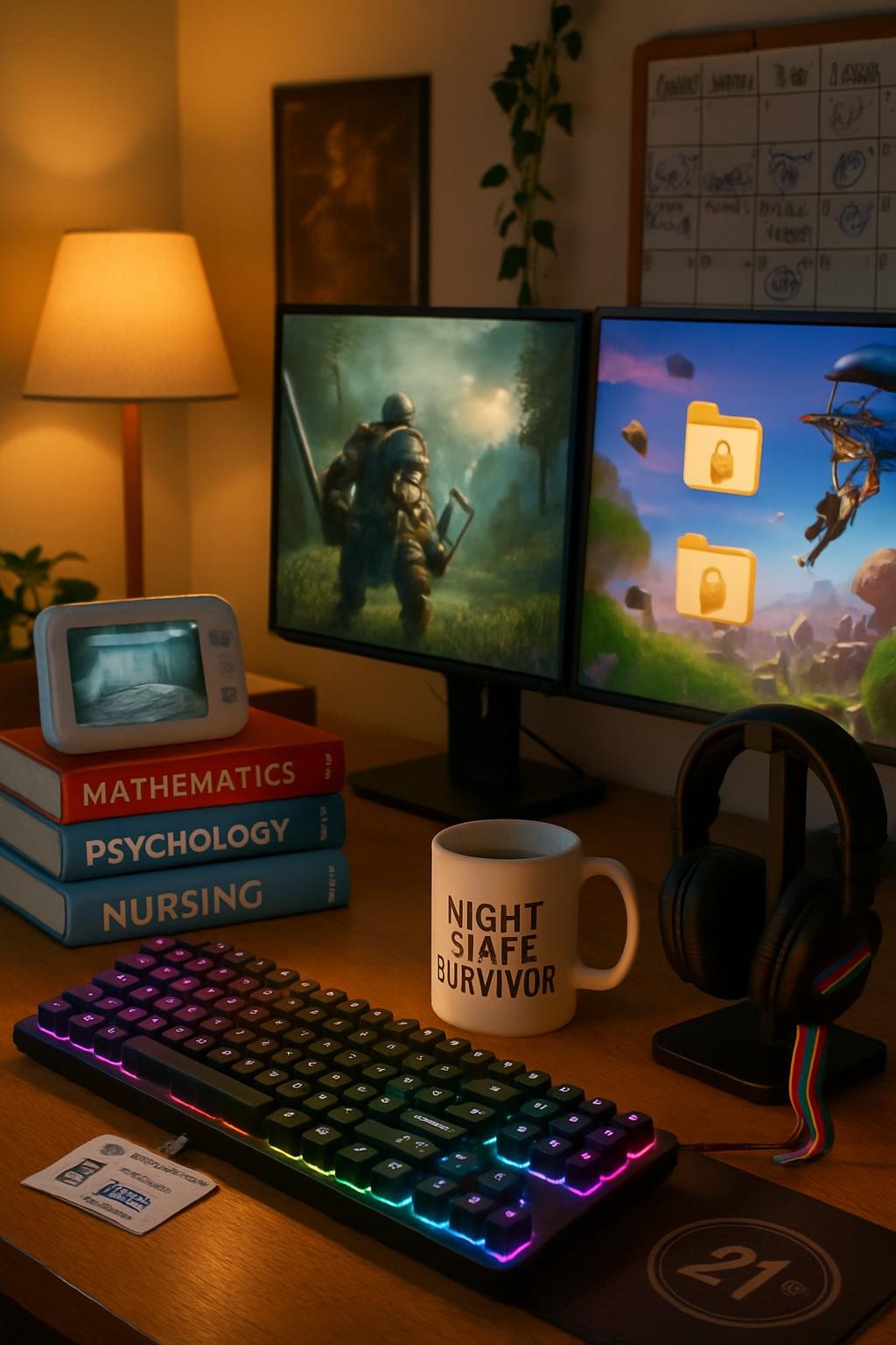 A playful, photographic-realism still life of a cluttered but cozy gaming desk representing diverse adult lifestyles: a baby monitor screen, a stack of textbooks, a work ID badge, and a mug labeled “Night Shift Survivor” arranged around a glowing mechanical keyboard and dual monitors showing different game genres. Small, tasteful NSFW-zone indicators appear as closed, secure folders with heart padlocks on one screen. A subtle 21+ emblem on a coaster, a tiny 420-friendly pin on a headset stand, and a few pride-colored cable ties add inclusive detail. Warm desk lamp light mixes with soft RGB backlighting, shot from a slightly elevated angle, with sharp focus on the personal items and a gently blurred background of posters, plants, and a wall calendar full of scribbled game night and movie night icons.